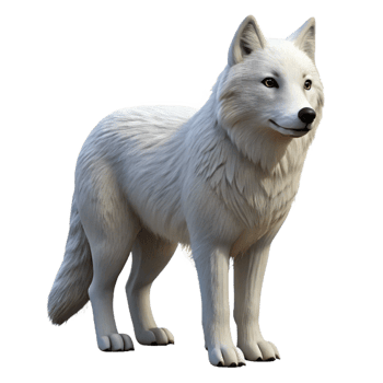 notable geometric Arctic wolf, pure white fur, alert posture, studio lighting, side view, hyperrealistic, isolateon transparent background,high-resolution product photography perfect clarity png