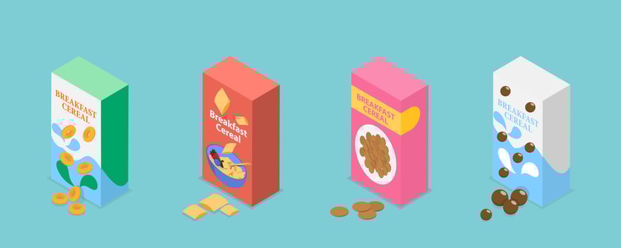 3D Isometric Flat Set of Breakfast Cereals, Corn Flakes or Porridge Oatmeal vector