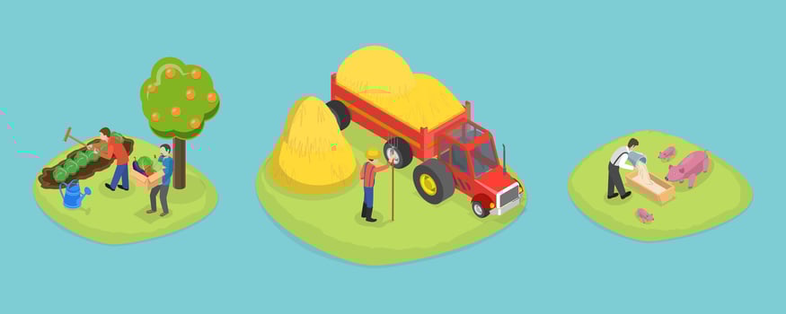 3D Isometric Flat Set of Farming Jobs, Farm Worker and Livestock vector