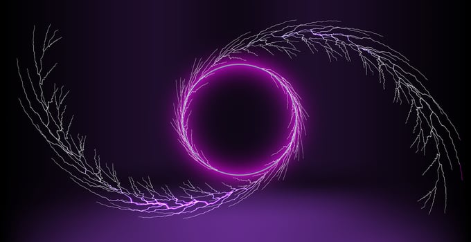 Electric energy forms swirling vortex with purple lightning in a dark environment. vector
