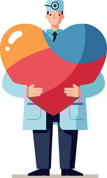 Doctor holding a large heart symbol in bright colors, minimal illustration vector