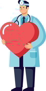 A caring doctor in a white coat holding a large red heart, flat illustration vector