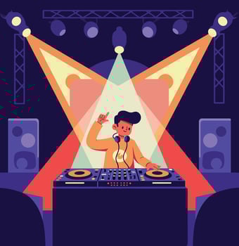 DJ performing on stage with colorful lights in a lively atmosphere, flat illustration vector