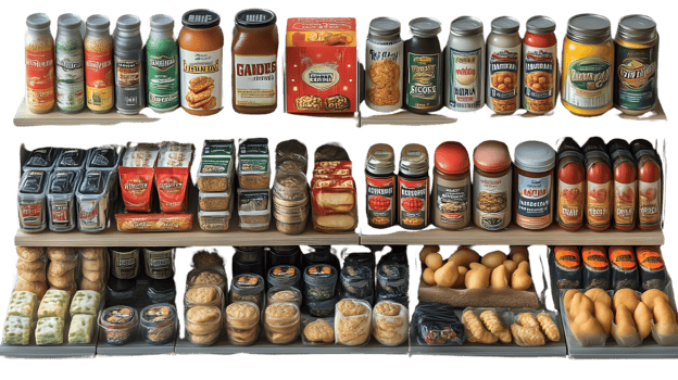 Grocery Store Shelves with Variety of Food Products png