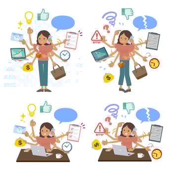 A set of tan skin women who perform multitasking in the office vector