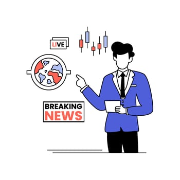 Illustration of a news anchor pointing to a world map and stock data. Suggests a live, critical update. Perfect for finance blogs, business websites vector