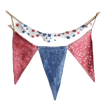 A red, white, and blue flag with stars is hanging from a rope on transparent png
