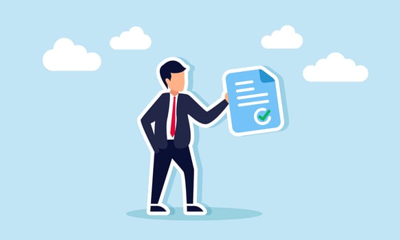 A businessman carries a document labeled with a check mark, illustration of a verified business company document vector