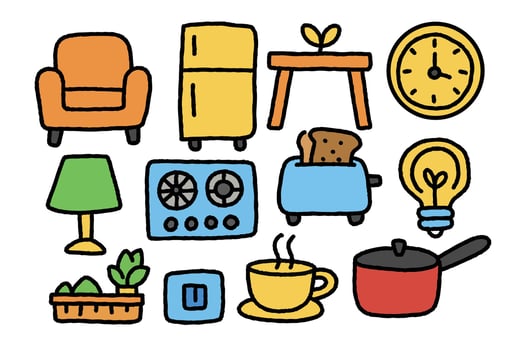 Cozy furniture, kitchen appliances, home decor, and everyday items create warm atmosphere in this doodle illustration. playful design evokes sense of comfort and creativity vector