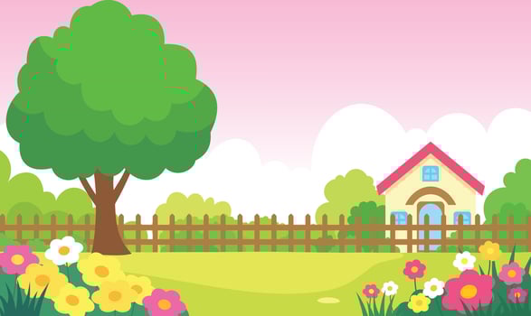 Beautiful Home House Building with Colorful Flowers Floral Garden Park Outdoor Landscape in Summer vector