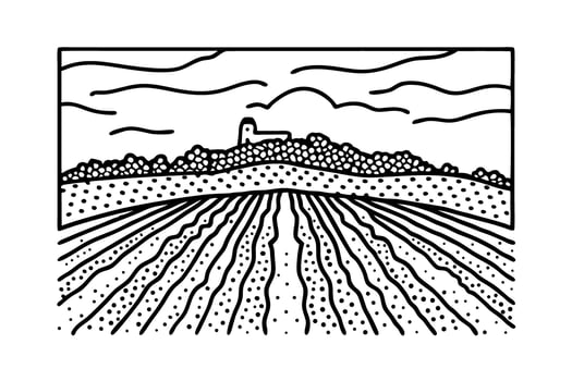 abstract landscape illustration with distant building and patterned fields under cloudy sky vector