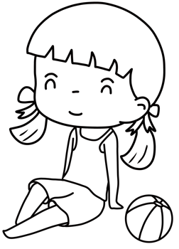Outline cartoon of a little girl sitting and playing with a ball png