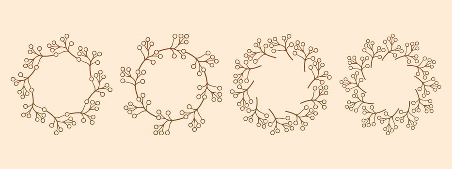 Simple flower circle frame set. Hand drawn brown round line border, leaves and flowers, wedding invitation and cards, logo design and posters template. Elegant minimal style floral set vector