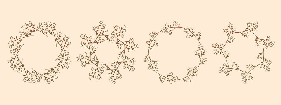 Simple flower circle frame set. Hand drawn round line border, leaves and flowers, wedding invitation and cards, logo design and posters template. Elegant minimal style floral isolated set vector