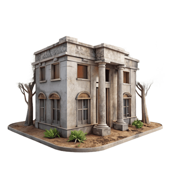 magnificent minimalist Abandoned Building Facade with Trees Transparent Background authentic png