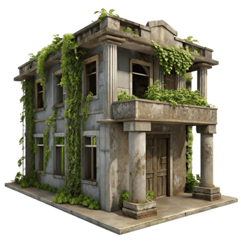 extraordinary creative Abandoned Building with Vines Front View Isolated high resolution png