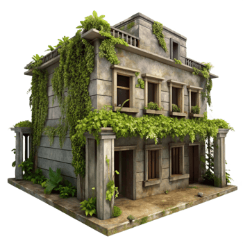 wonderful artistic Abandoned Building with Vines Front View Isolated professional png