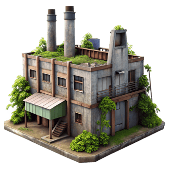 dramatic modern Abandoned Factory with Overgrowth Isolated premium png