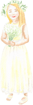 A flower girl with short blonde hair and a flower crown holding flowers and wearing white nice dress with cute smile on her face that is drawn and painted by hand in watercolor fine art style png