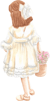 A flower girl with short hair and big ribbon holding a flower basket and wearing white nice dress that is drawn and painted by hand in watercolor fine art style png