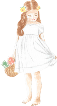 A flower girl with long blonde hair wearing white dress short sleeves holding a flower basket with cute smile on her face that is drawn and painted by hand in watercolor fine art style png