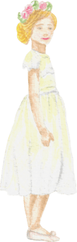 A flower girl with hair in a bun and flowers with cute smile on her face and wearing white nice dress that is drawn and painted by hand in watercolor fine art style png