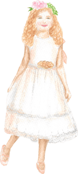 A flower girl with long brown hair and flowers wearing white nice dress with cute smile on her face that is drawn and painted by hand in watercolor fine art style png