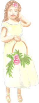 A flower girl with short brown hair wearing light yellow dress holding a flower basket with cute smile on her face that is drawn and painted by hand in watercolor fine art style png