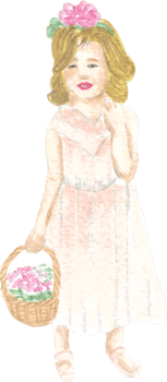 A flower girl with short brown hair and flowers wearing light pink dress holding a flower basket with cute smile on her face that is drawn and painted by hand in watercolor fine art style png
