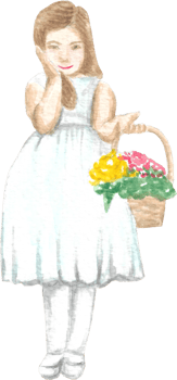 A flower girl with long brown hair wearing white dress holding a flower basket with cute shy smile on her face that is drawn and painted by hand in watercolor fine art style png