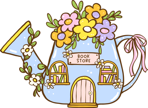 Cute Spring Bookish book store Watering Can Shape Cartoon Hand Drawn png