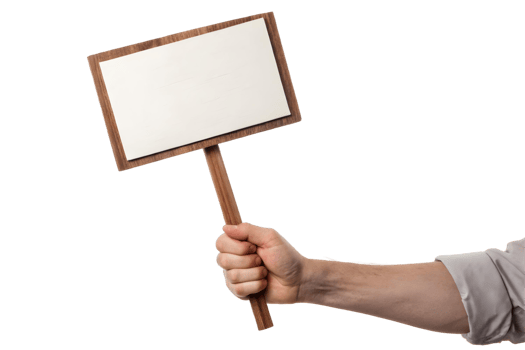 A person holding up a blank sign with a wooden frame against a studio background space for text png