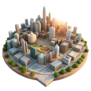 impressive abstract Aerial View Metropolis with Transparent Background and Bright Sunlight high resolution png