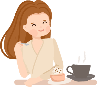 cutre woman enjoy coffee cup and dessert at cafe cartoon flat style png