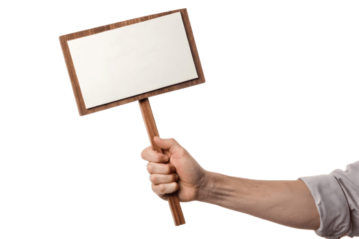 Hand holding a blank sign with wood frame on a stick against a transparent background studio shot png