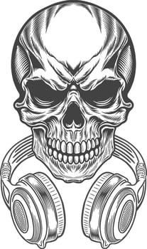 Skull with headphones in black and white retro artwork illustration vector