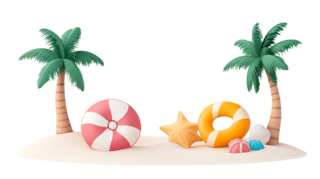 Beach island with palm trees, float, ball, star, shell, candy, cut out transparent png