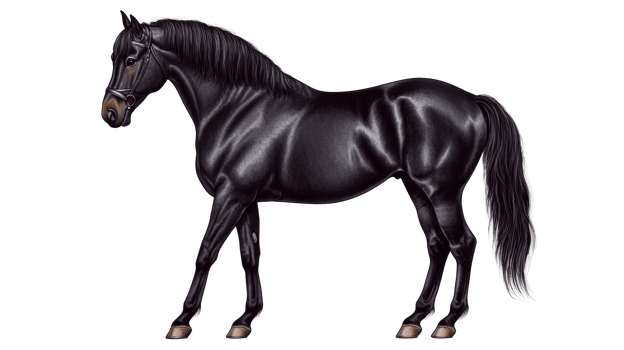 Majestic black horse with bridle stands gracefully, cut out transparent png