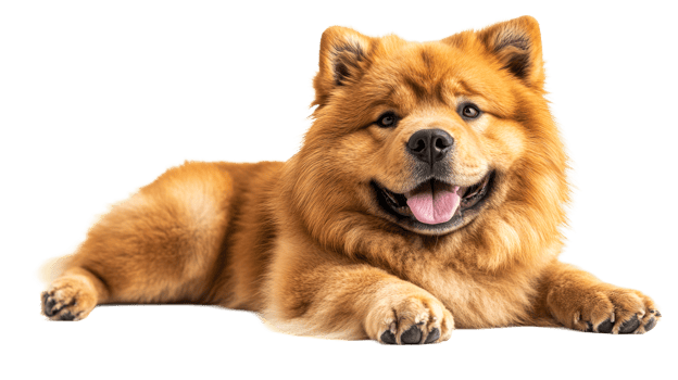 Smiling Chow Chow dog with thick reddish fur lying down, cut out transparent png
