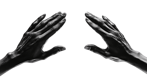 Two dark female hands reaching, isolated on black, cut out transparent png