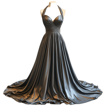 Evening Wear Gown Featuring Halter Straps, Sleek Satin Textures, and Stunning Floor-Sweeping Trains on Transparent Background png