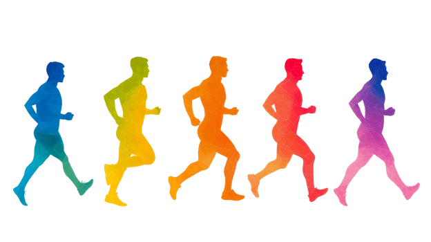 Colorful running silhouettes, low poly texture, diversity, energy, sport, cut out transparent png