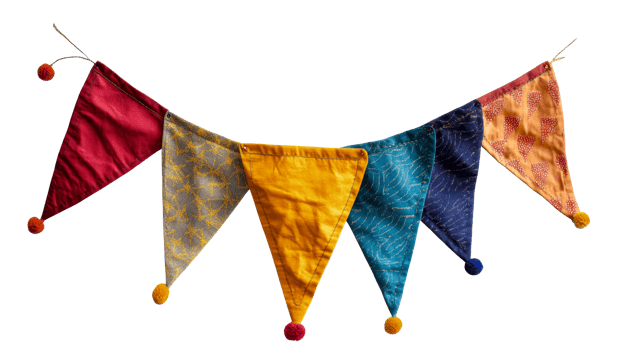 Colorful decorative flag garland with pompons, cut out transparent png