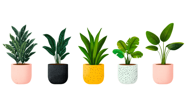 Five different potted plants on black background, cut out transparent png