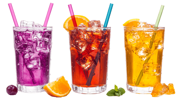 Colorful summer cocktails with ice and straws, cut out transparent png
