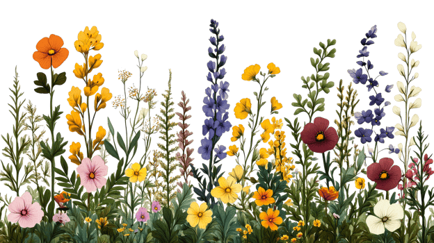 Watercolor Floral Border with Poppies, Larkspur, and Foliage, cut out transparent png