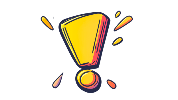 Yellow exclamation mark cartoon design, bold emphasis, cut out transparent png