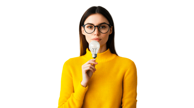 Woman holds a light bulb in her hand, cut out transparent png