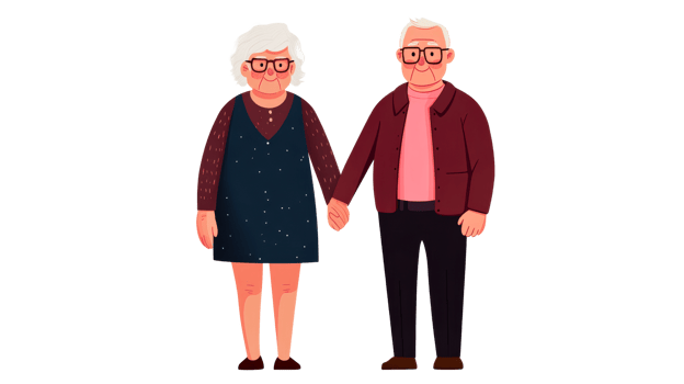 Elderly Couple Holding Hands, Cartoon Illustration, cut out transparent png