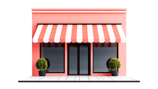 Pink facade building with awning and potted plants, cut out transparent png